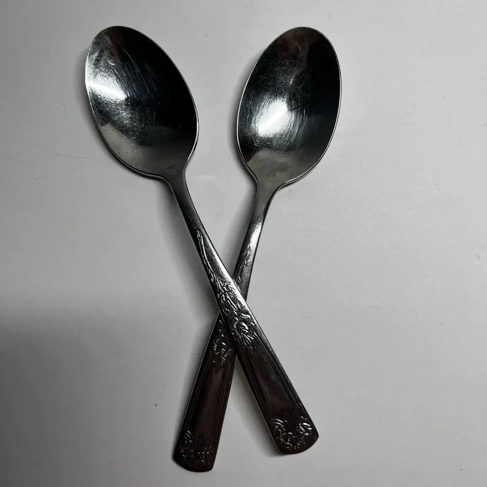 Lot of 2 Vintage International Stainless USA Rose Lace Oval Soup Spoons 7 1/8